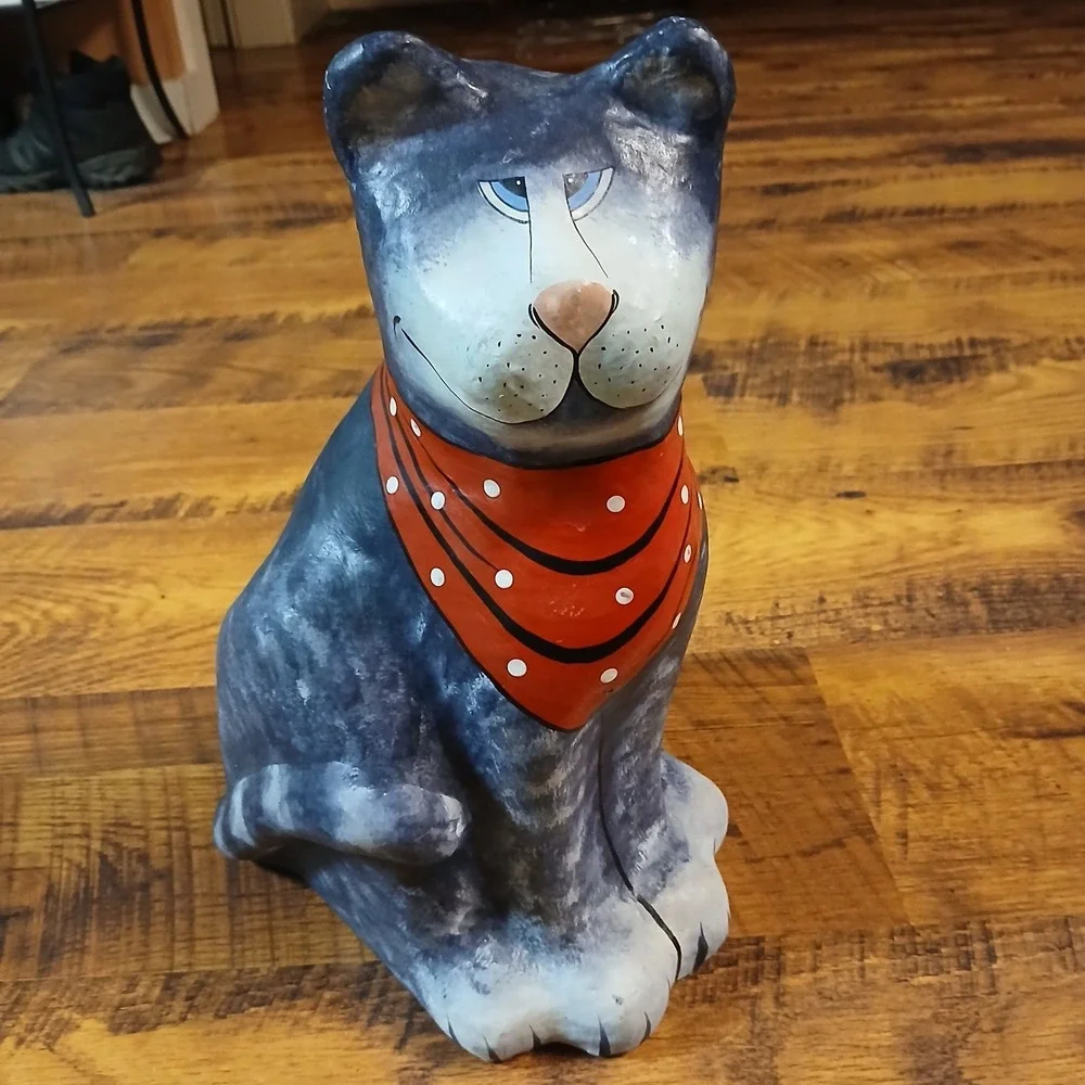 Vtg Paper Mache Cat Sitting Hand Painted Made In Thailand Red Bandana‎ Bow 14